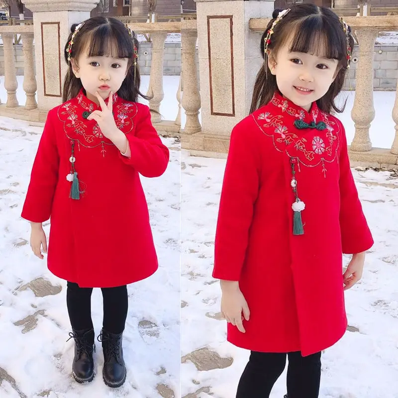 

2023 New Year Chinese Style Qipao Floral Dress Tang Suit Children Clothes Kids Thick Hanfu Embroidery Cheongsam for Girls