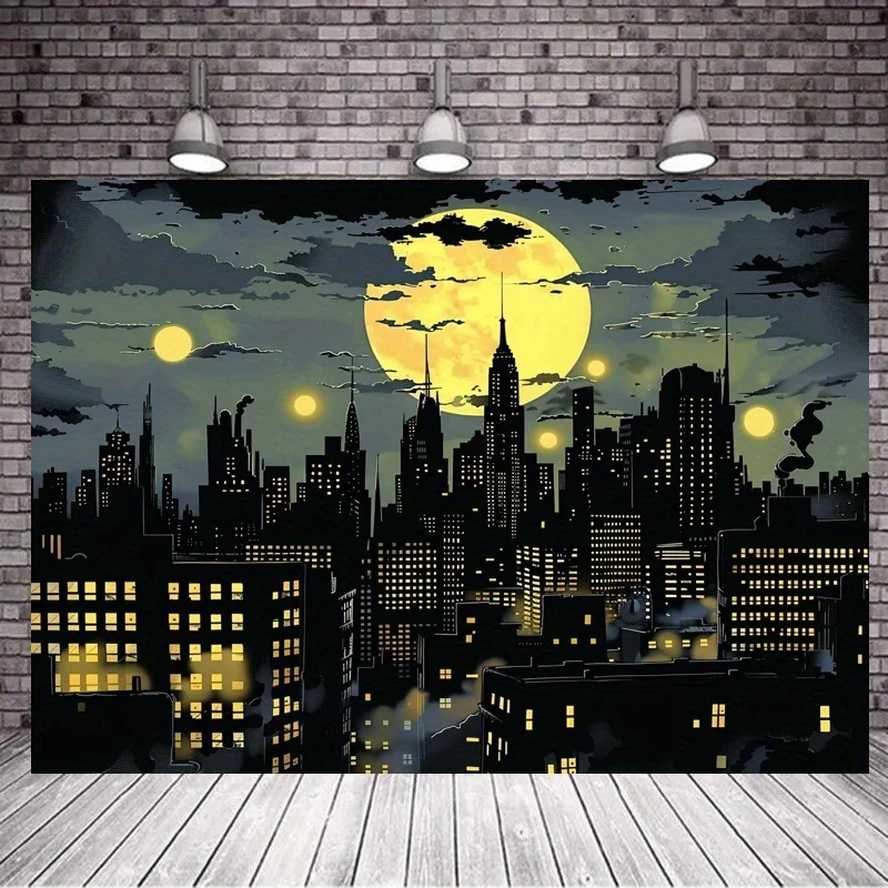 סופרהירו סיטי סקייליין עם רקע של עטלף - דגל פוליאסטר מבריק למסיבות, מתאים לצילומים, ימי הולדת ואירועים