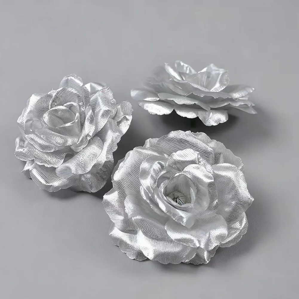10 Stück 8 cm silberne künstliche Rosen-Seidenblumenköpfe, dekorative Blumen für Hochzeit, Geburtstag, Bankett, Dekoration, künstliche Blumen