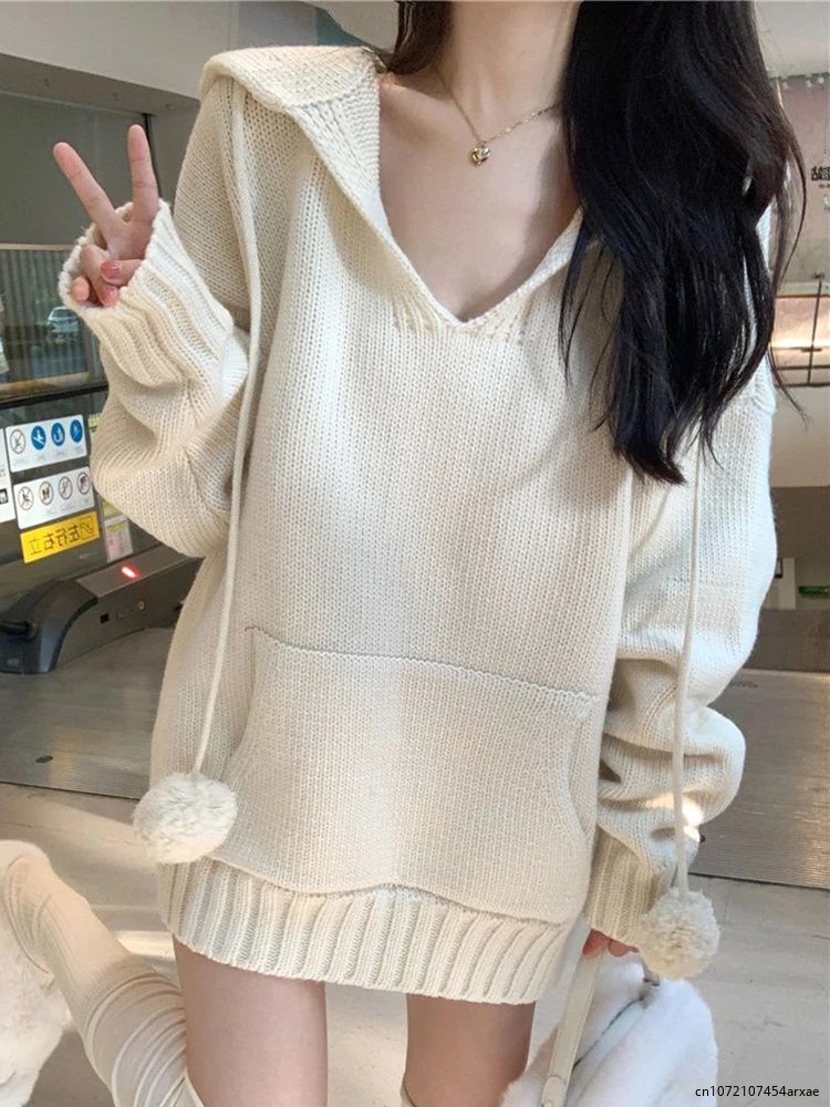 

2023 All Match Soft Hooded Sweater Women Pullovers Plush Ball Loose Winter Woman Sweater Jumpers New Solid Knitwear Tops