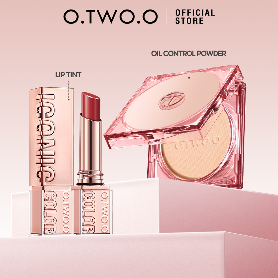 O.TWO.O 2pc Lipstick Face Powder Matte Oil-control Non-Sticky Finish Soft Focus Waterproof Compact Powder Lip Tint Makeup Set