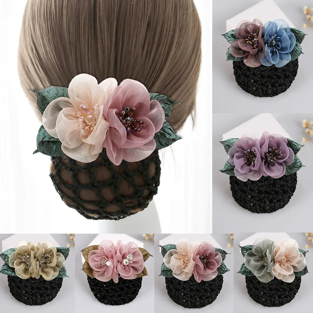 Women Hair Bun Cover Barrettes Net Snood Handmade Flower Decor Office Dance Hairnet Hair Clip Mesh Accesories Headwear