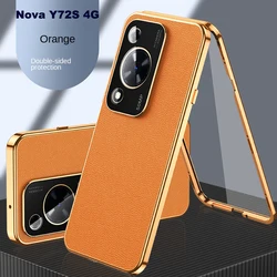 360 Full Protection Clear Tempered Glass Case with PU Leather Back Cover for Huawei Y72S 4G (Orange)