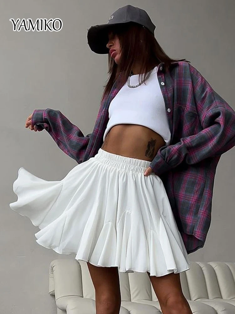 

YAMIKO 2024 Summer White Mini Skirt High Waist Sexy Cute Ruffle Vintage Tennis Skirt Elastic Waist Tutu Short Skirts For Women