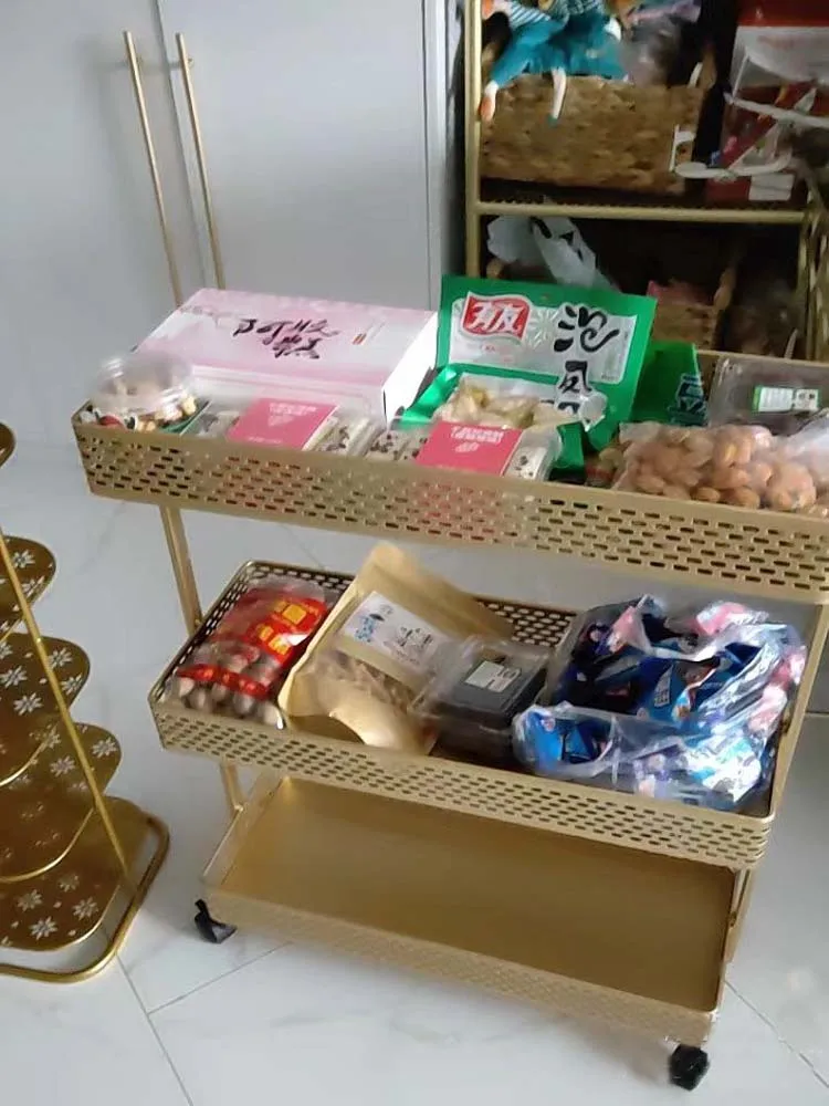 Golden Iron 3 Layers Storage Cart with Wheels Rack Storage Basket Shelf Household Kitchen Bathroom Bedroom Living Room