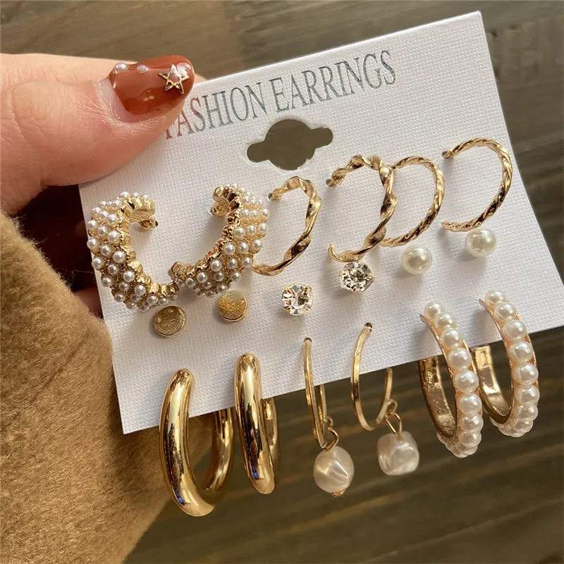 Modyle Bohemia Vintage Pearl Circle Hoop Earring Set for Women, Gold Color, Twists Drop Earring, Crystal Fashion Jewelry Gifts 1