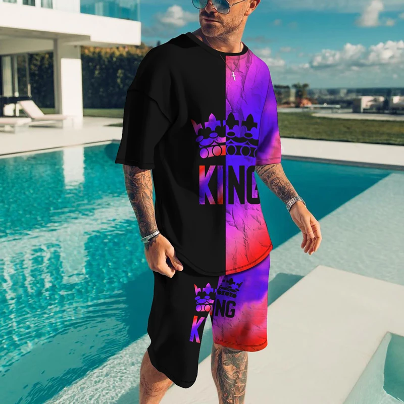 Summer Men Fashion 3D Print King Trendy Streetwear For Male Jogging Sport Tracksuit Sets Casual Two Piece Short Sleeve Shorts