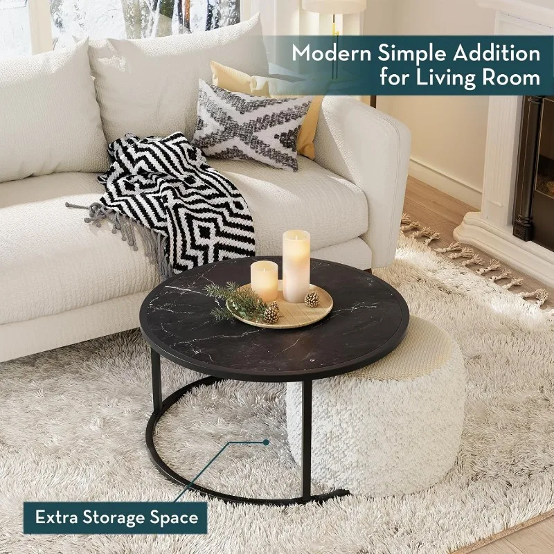Black Coffee Table Round Marble CoffeeTables for Living Room Modern Small Center Table 3