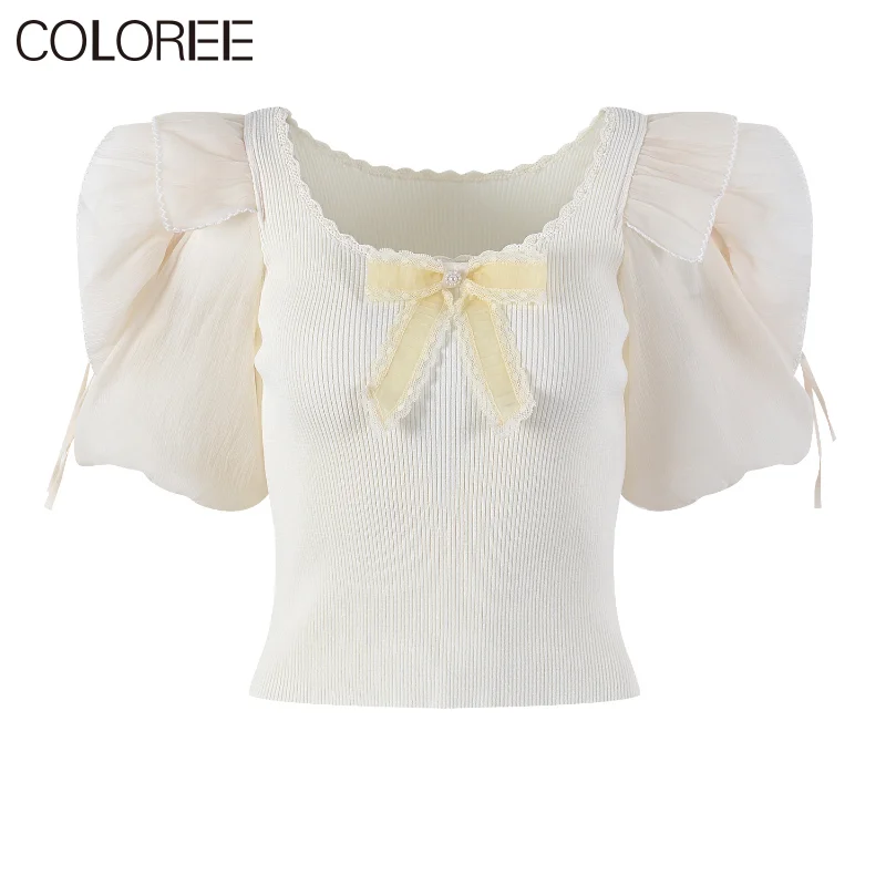 

Runway Designer Tops for Women Elegant Bow Short Sleeve White Knitted Pull Femme Korean Fashion Clothing