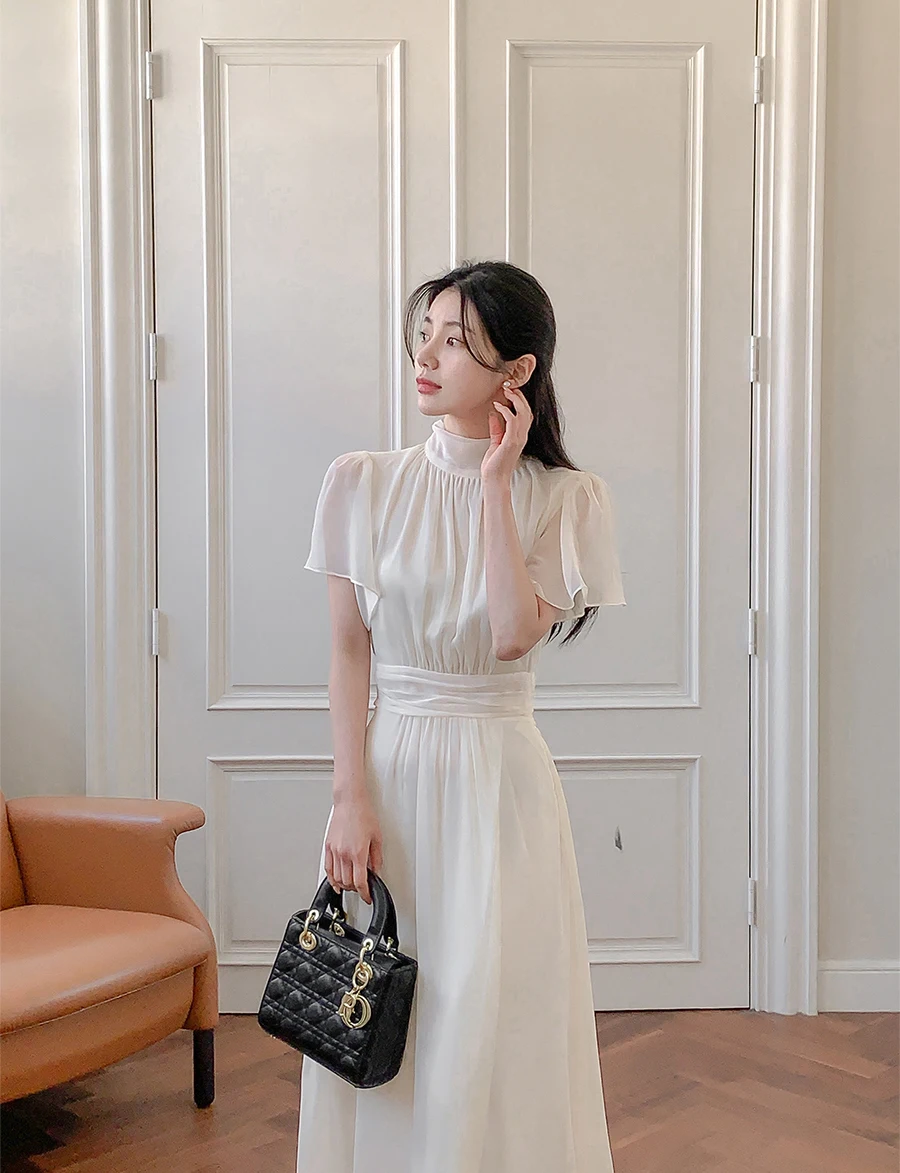Elegant Solid Midi Dresses for Women Ruffles Half-high Collar A-line Office Lady Casual Korean Fashion Autumn Vestidos Mujer New