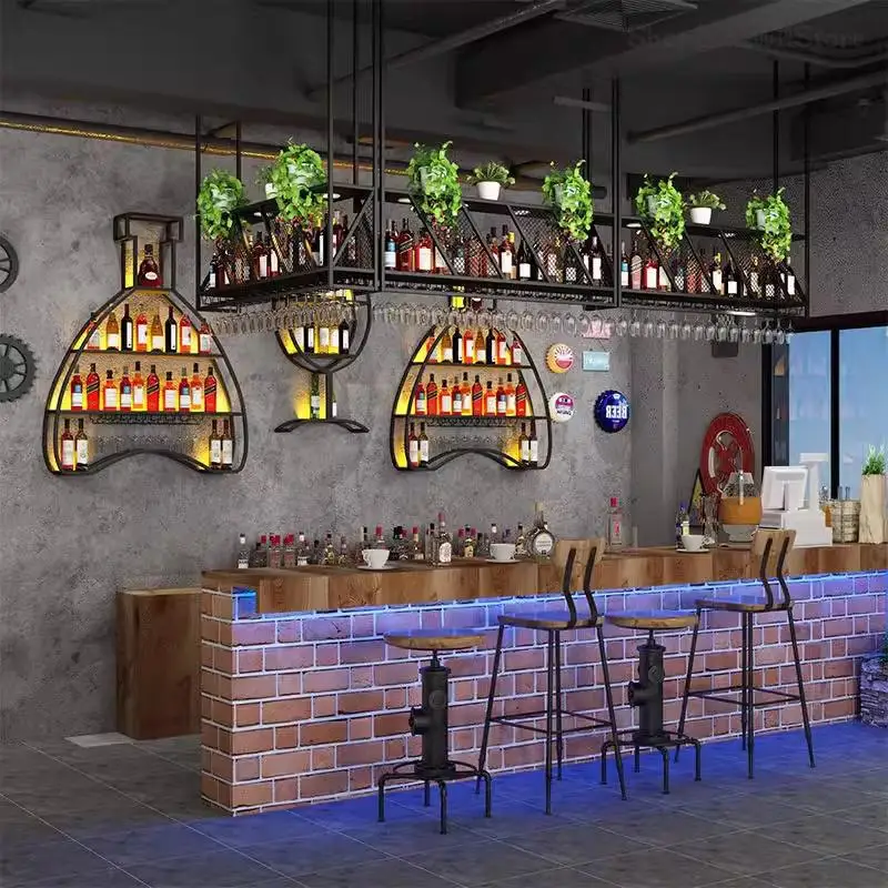 Bar Bar Counter Wine Cabinet Creative Industrial Wind Wall Hanging Wine Rack Restaurant Storage Rack Iron Display Wall