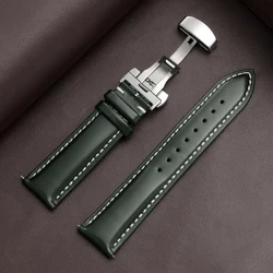 Premium Waterproof Leather Wristband with Butterfly Clasp and Handmade Stitching - 22mm (Green White)