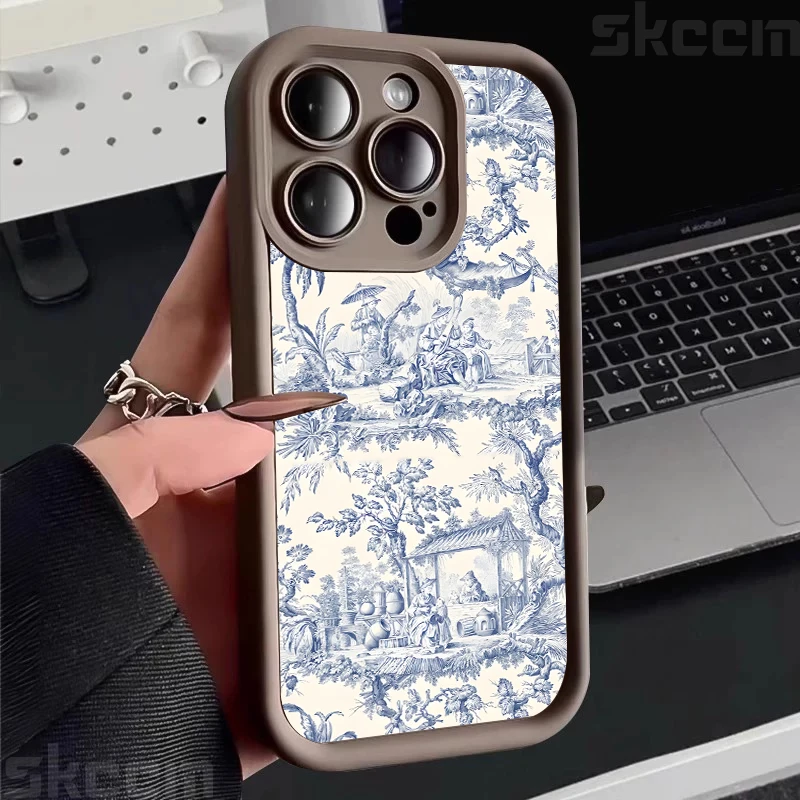 Blue Retro Tea Break and Flower Pattern Silicone Phone Case