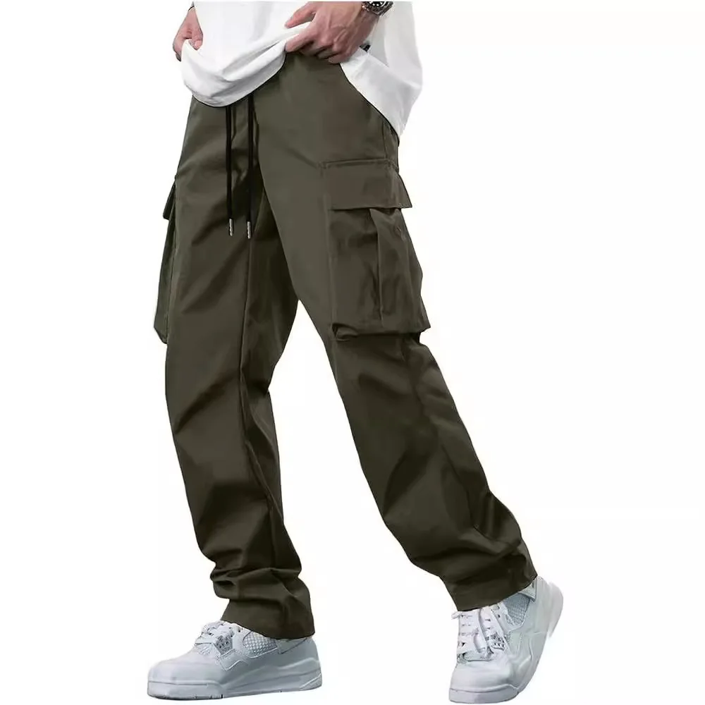 2024 Men's Summer New Workwear Pants Solid Color Drawstring Multi Pocket Straight Leg Pants Youth Casual Straight Leg Pants