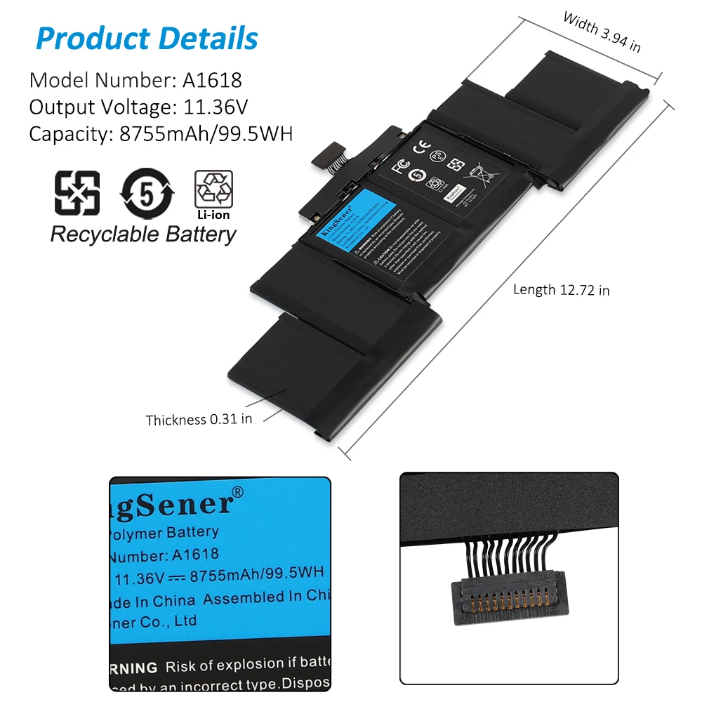 Kingsener-bateria para Apple Macbook Pro A1618 11.36v 99.5wh 15 Pol Retina A1398 2023 Ano 02000079 Mjlq2ll a Mjlt2ll a - Imagem 3