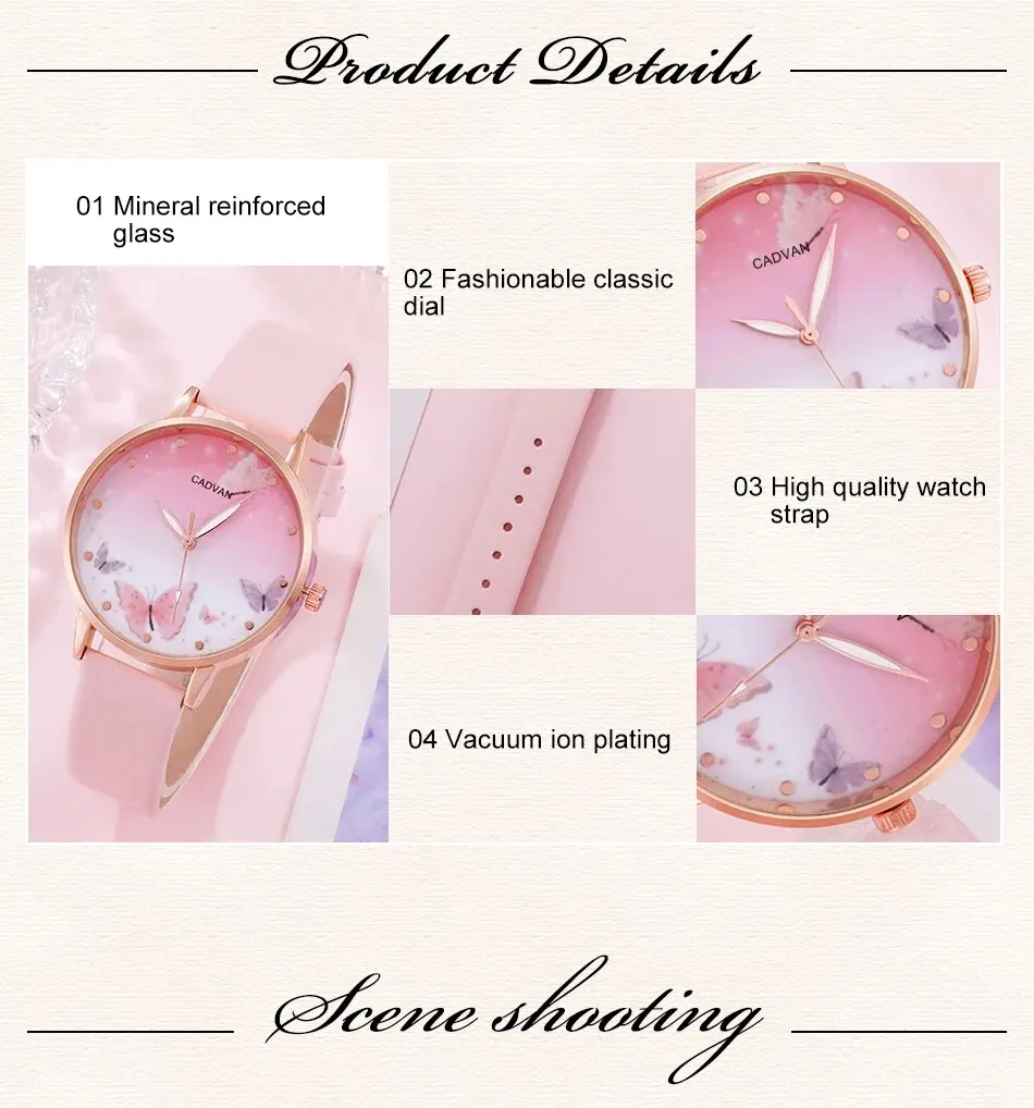 S5791db7c04d24a3c9db8f0d705fde13d0 6PCS Set Women Fashion Quartz Watch Female Clock Pink Butterfly Dial Luxury Brand Design Ladies Leather Wrist Watch Montre Femme Mallzona