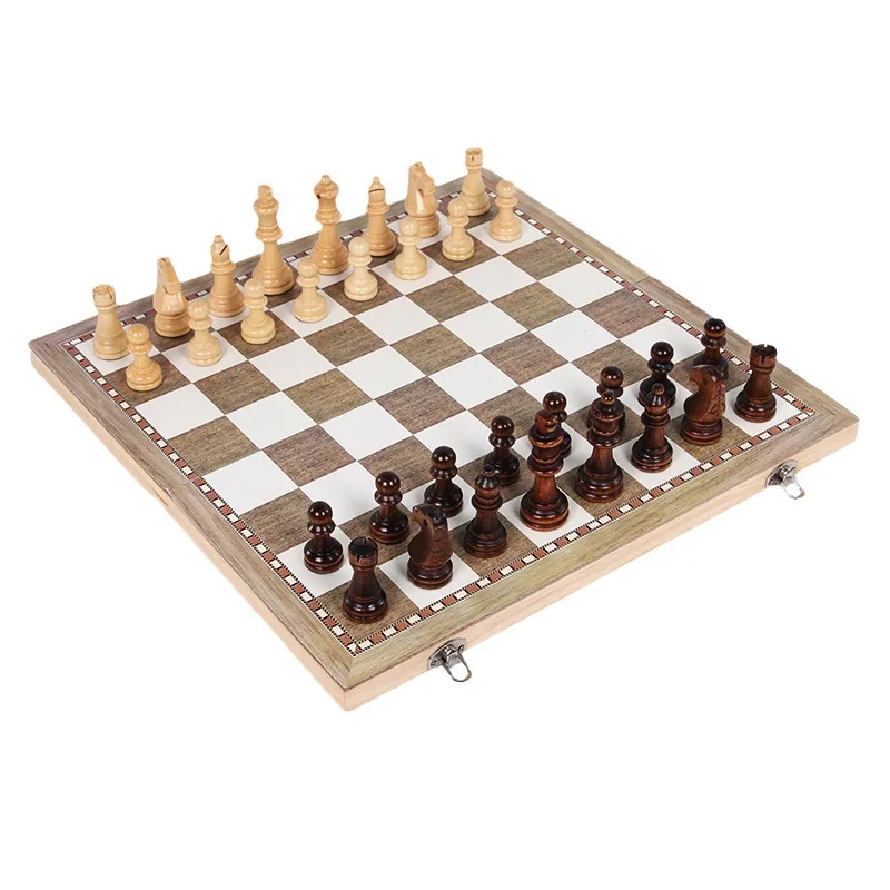 24-44CM Wooden 3-in-1 Foldable Chess, Chinese Checkers & Backgammon Set-Educational Board Game for Strategy & Fun