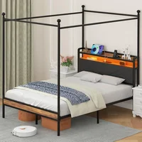 Bed Frame with Headbord, Canopy Bed Frame, Metal Black Iron Bed Platform with Charging Station and LGB Light No Box 1