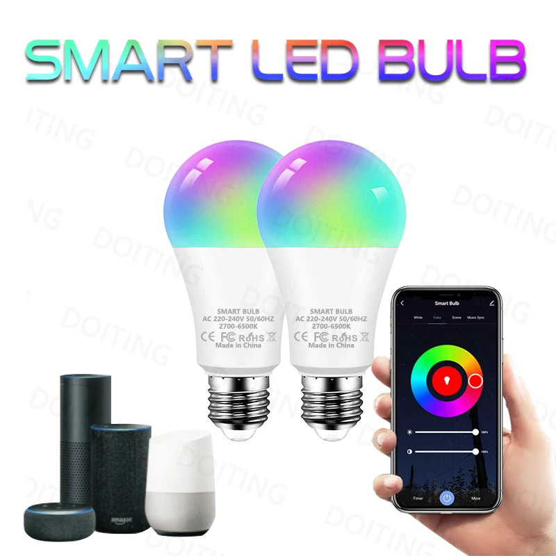 와이파이 블루투스 투야 알렉사 E27 RGB 스마트 전구, 구글 어시스턴트용 스마트 램프, 스마트 라이프 분위기 장식, 15W, 220V
