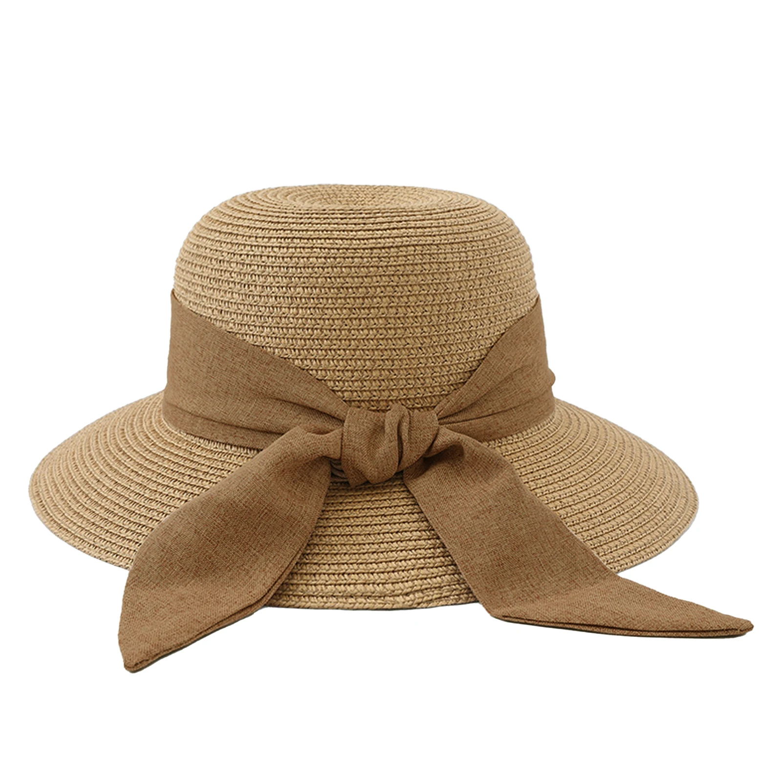 Women Summer Foldable Wide Brim Straw Beach Sun Hat Female UV Protect Ponytail Beach Sun Hats with Bow Ribbon Ladies Panama Cap