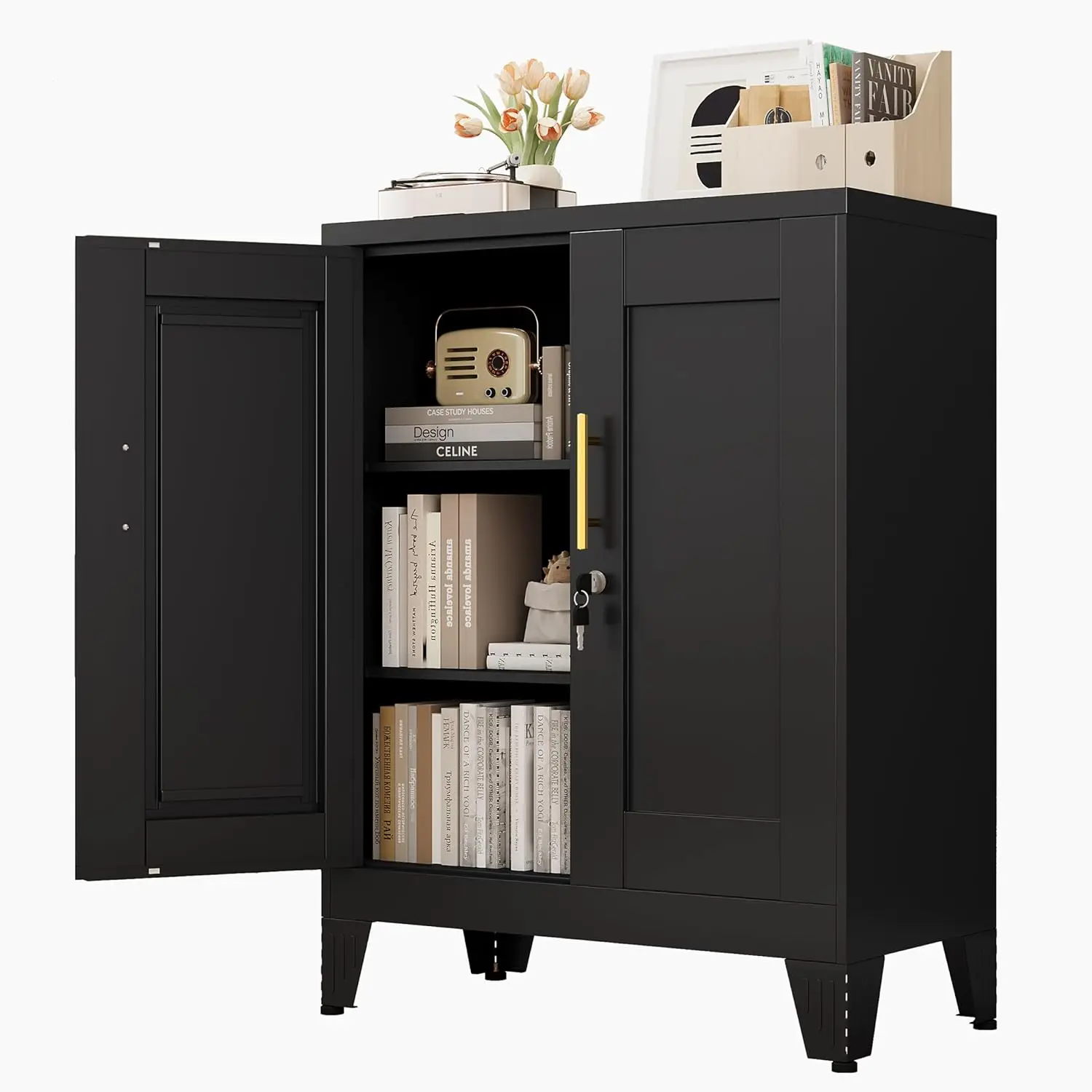Black Metal Storage Cabinet, 36" Tall Locking Storage Cabinet with 2 Adjustable Shelves, Steel Locker Organizer
