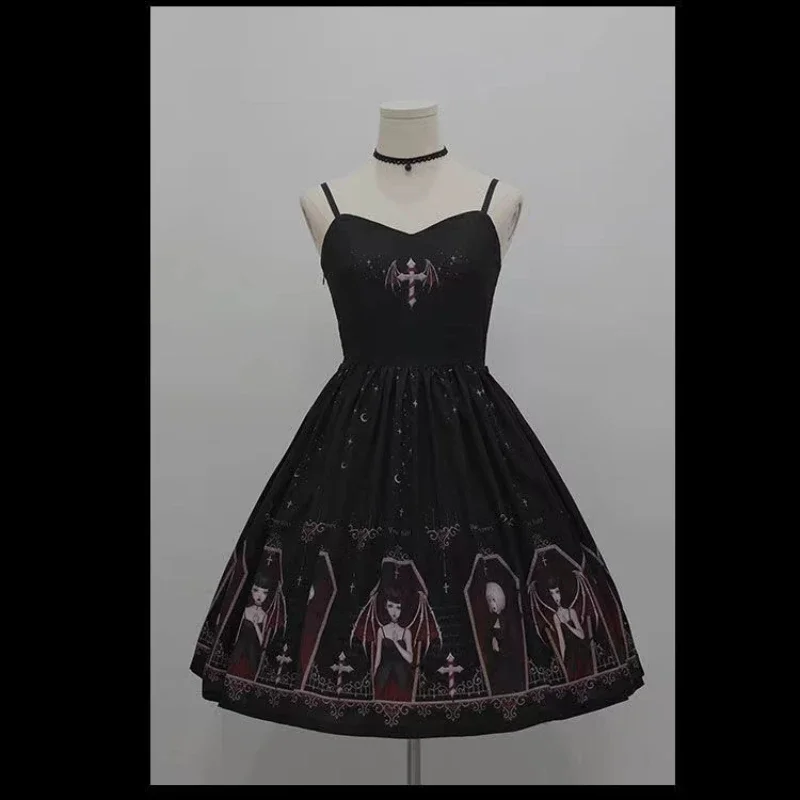 Lolita Suspender Dress Suspender Dress Lolita Dress Dark Gothic Devil Print Black Japanese Style Lolita Jsk Victorian Suspender Dress Loli Sexy Sweet Goth Bandage Dresses
