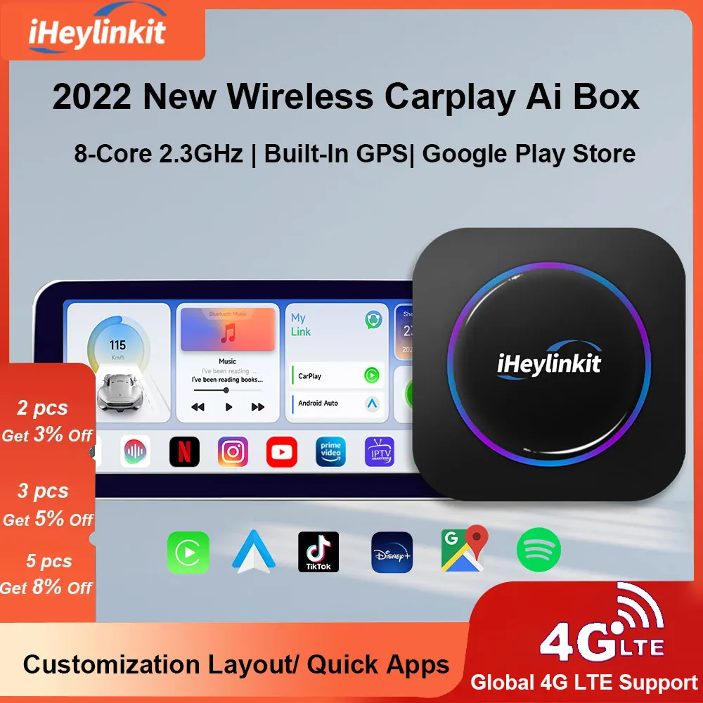 IHeylinkit boîtier Carplay sans fil, Android Auto, Youtube, Netflix