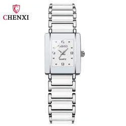 CHENXI 104A Luxury Couple Watch with Imitation Ceramic Strap and Exquisite Date Feature (Woman silver white)