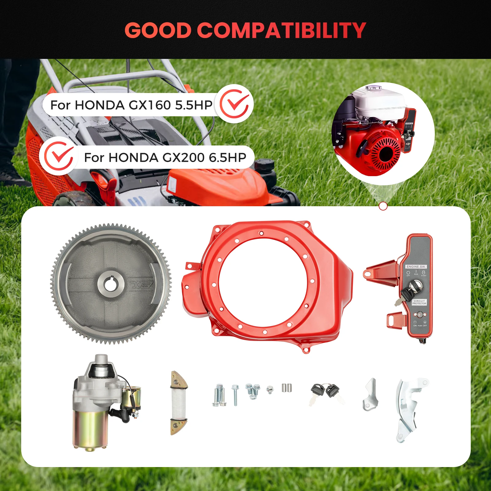 Flywheel Starter Motor Kit 12V Electric Start Motor Ignition Kit Electric Start Conversion Kit for HONDA GX160/GX200 5.5HP/6.5HP