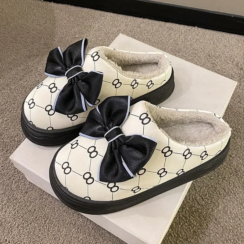 Korean Warm Plush Bowknot Slippers for Women's Winter New Indoor Cute Anti-skid Thick Sole Cotton Slippers Home Cotton Shoes88
