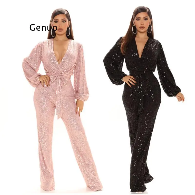 

2022 New Spring Sequined V Neck Jumpsuits Long Sleeve High Waist Bodycon Shinny Elegant Evening Party Club Loose Sexy Rompers