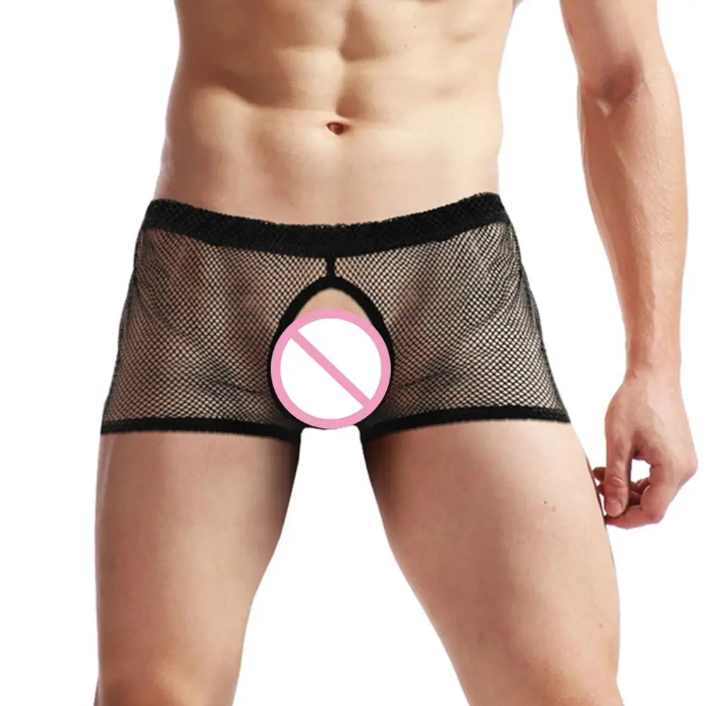 Open Crotch Boxer Briefs Men Mesh See Through Underwear Porn Panties Exposed Cock Underpants Buttocks Boxer Shorts