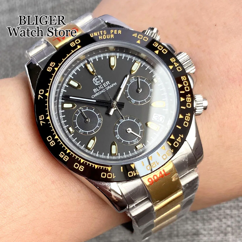 Bliger Fashion 39Mm Cronografo Two Tone Gold Case Business Sapphire Glass Quartz Watch Men Japan Vk63 Movement Nero Bianco 2023