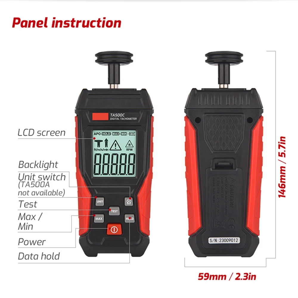 TA500C Digital Laser Tachometer Contact/Non-Contact/Dual Mode RPM Meter Engine S