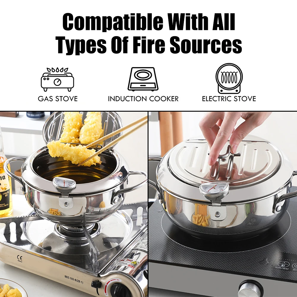 20 cm 2.2L Deep Frying Pot With Thermometer and Lid 2 Handles Japanese Style Tempura Fryer Pan 304 Stainless Steel - Image 2