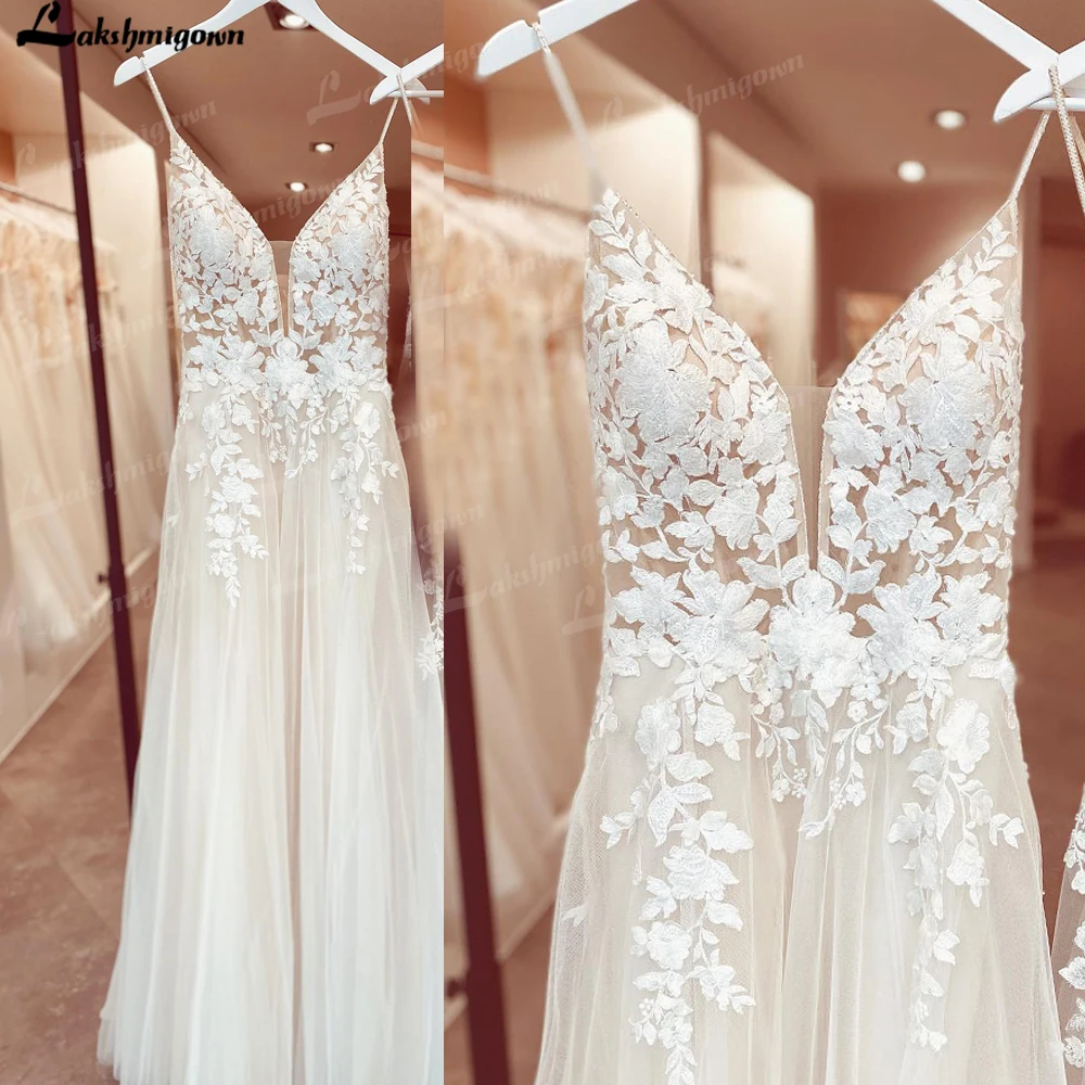 Lakshmigown Spaghetti Straps Boho Wedding Dress Lace Applqiues V Neck Bridal Gowns Tulle A Line abito da sposa