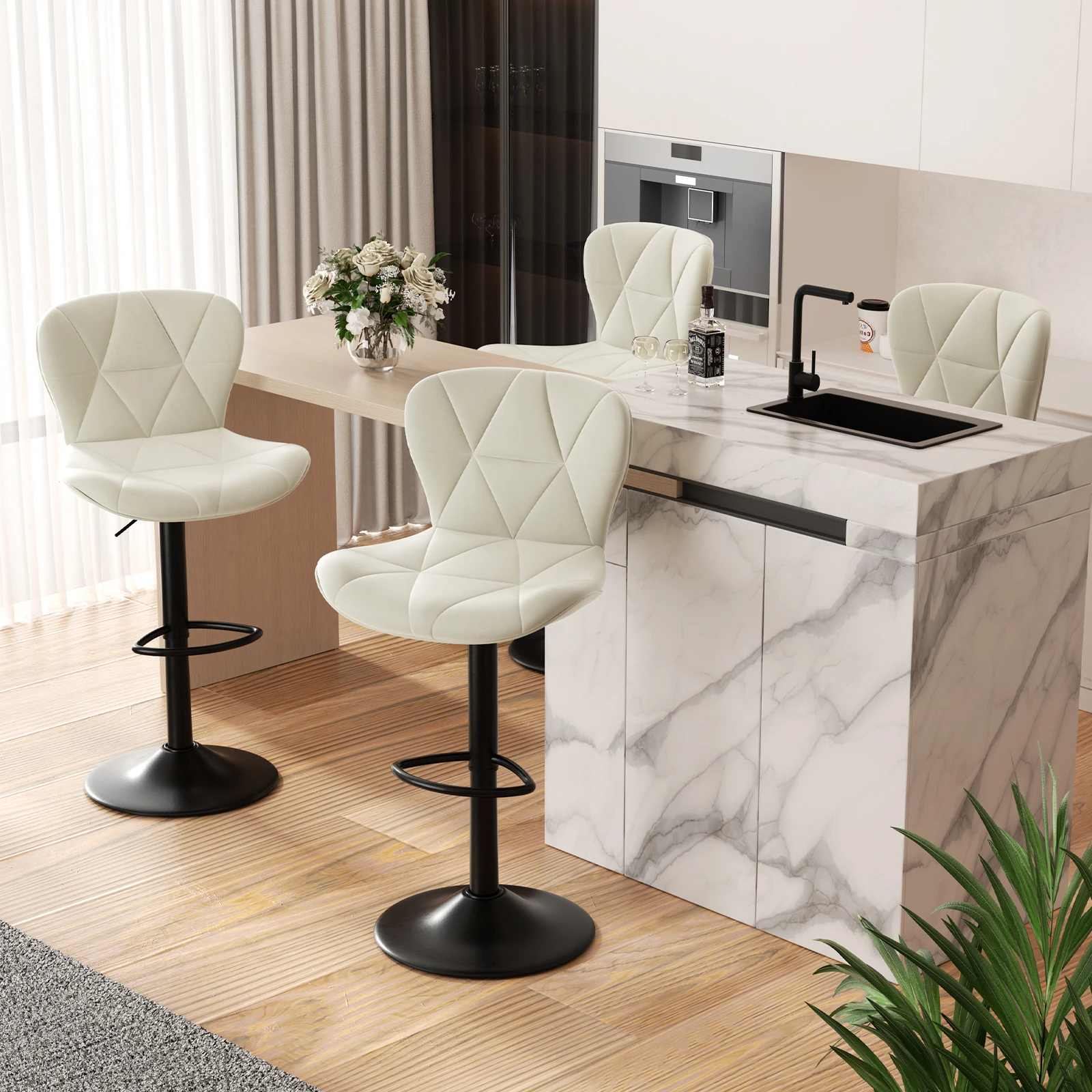 Modern Bar Stool 2-Piece Set, Adjustable Artificial Leather Cushioned Rotating Bar Stool with Backrest, Height for Kitchen Island