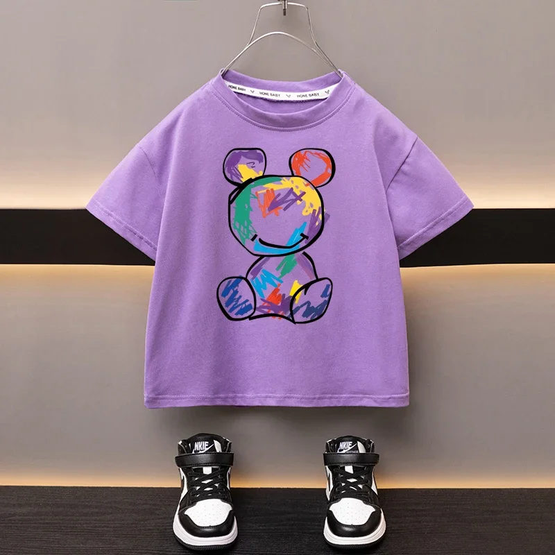 Boys Cotton T-shirt Cartoon Graffiti Bear Printed Girls Tees Summer Short Sleeve Children Tops High Quality Casual Kids Clothes 5