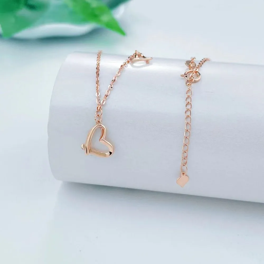 

Real Pure 18K Rose Gold Chain Women Lucky Double Heart Pendant O Link Necklace 1.94-2g