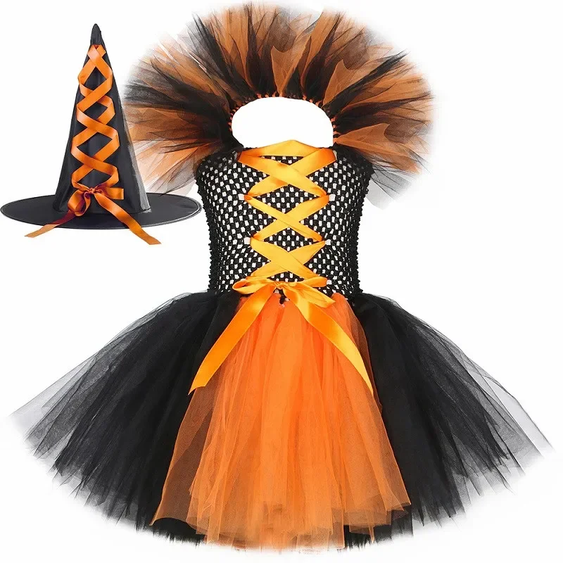 thumbnail image 1 of Disfraz de bruja malvada para Halloween para niños, fiesta de carnaval, disfraces de niñas, vestido de tutú de bruja malvada con sombrero y escoba mágica, 1 of 5