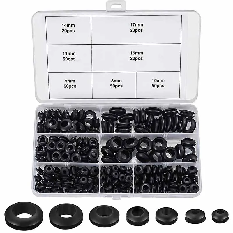

260pcs Black Grommet Rubber Washer 7 Sizes Combination Kits for Wire Hole Washer Wiring Coil Firewall Automotive O-ring