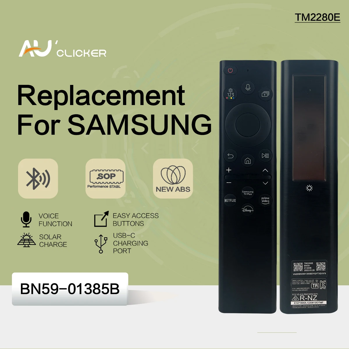 

BN59-01385B Replacement BN59-01385A Solar Voice Remote Control for Samsung Smart TVs Compatible with Neo QLED Crystal UHD Series