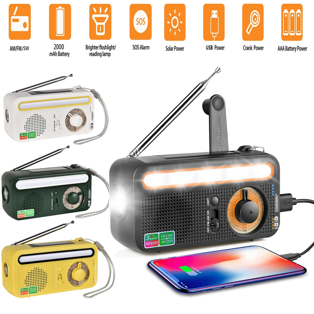 Manivelle Radio Solaire Survie AM/FM Radio Dynamo USB-C 1200mAh  Rechargeable avec Lampe de Poche LED Alarme SOS