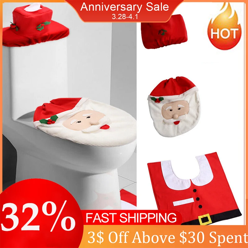 3pcs Christmas Toilet Seat Cover Santa Clause Pattern Toilet Seat Cover
