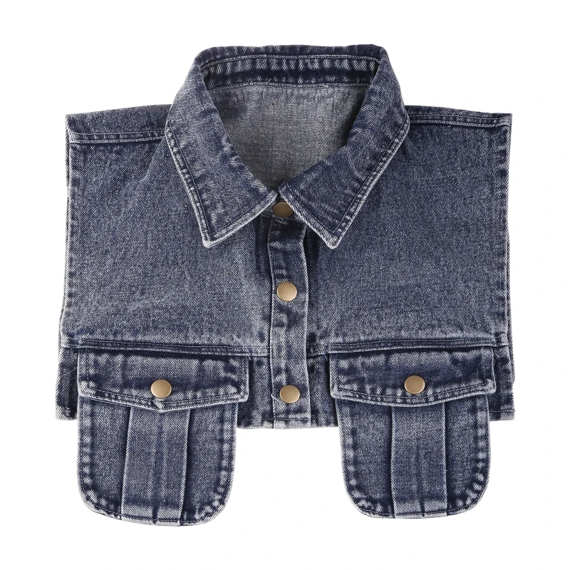 

Women Vintage Washed Denim Vest Sleeveless Waistcoat Jacket Detachable Dickey Lapel Fake Collar Harajuku Cropped Shrug