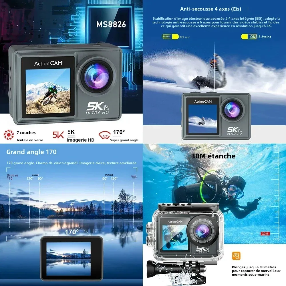 Caméra Action 4K 30fps Étanche 30m avec Écran Tactile - Lot Standard