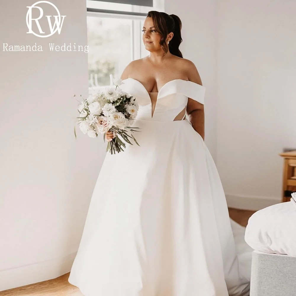 

Ramanda Simple Wedding Dresses Off the Shoulder A-line Sweep Train vestido novia V-Neck Elegant Bridal Gown for Women