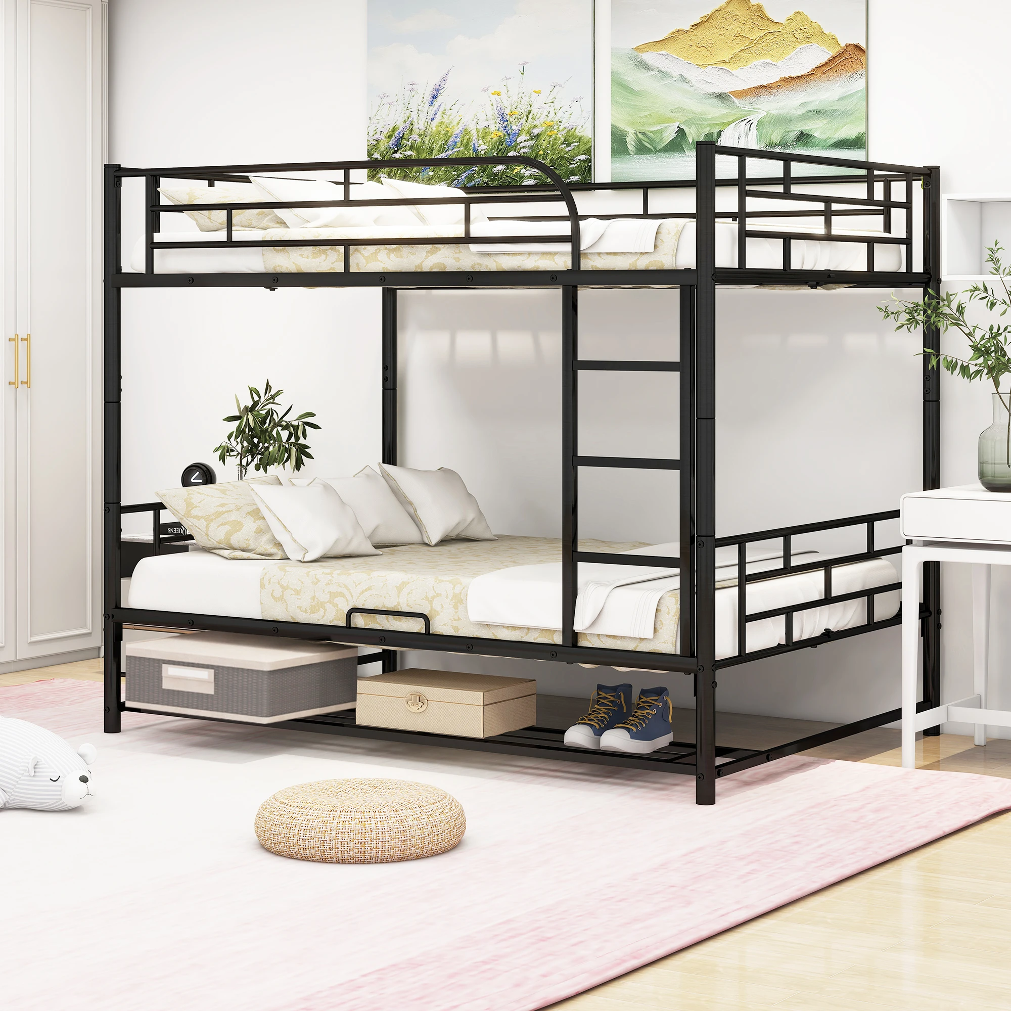 

Full Over Full Metal Bunk Bed with Shelf and Guardrails