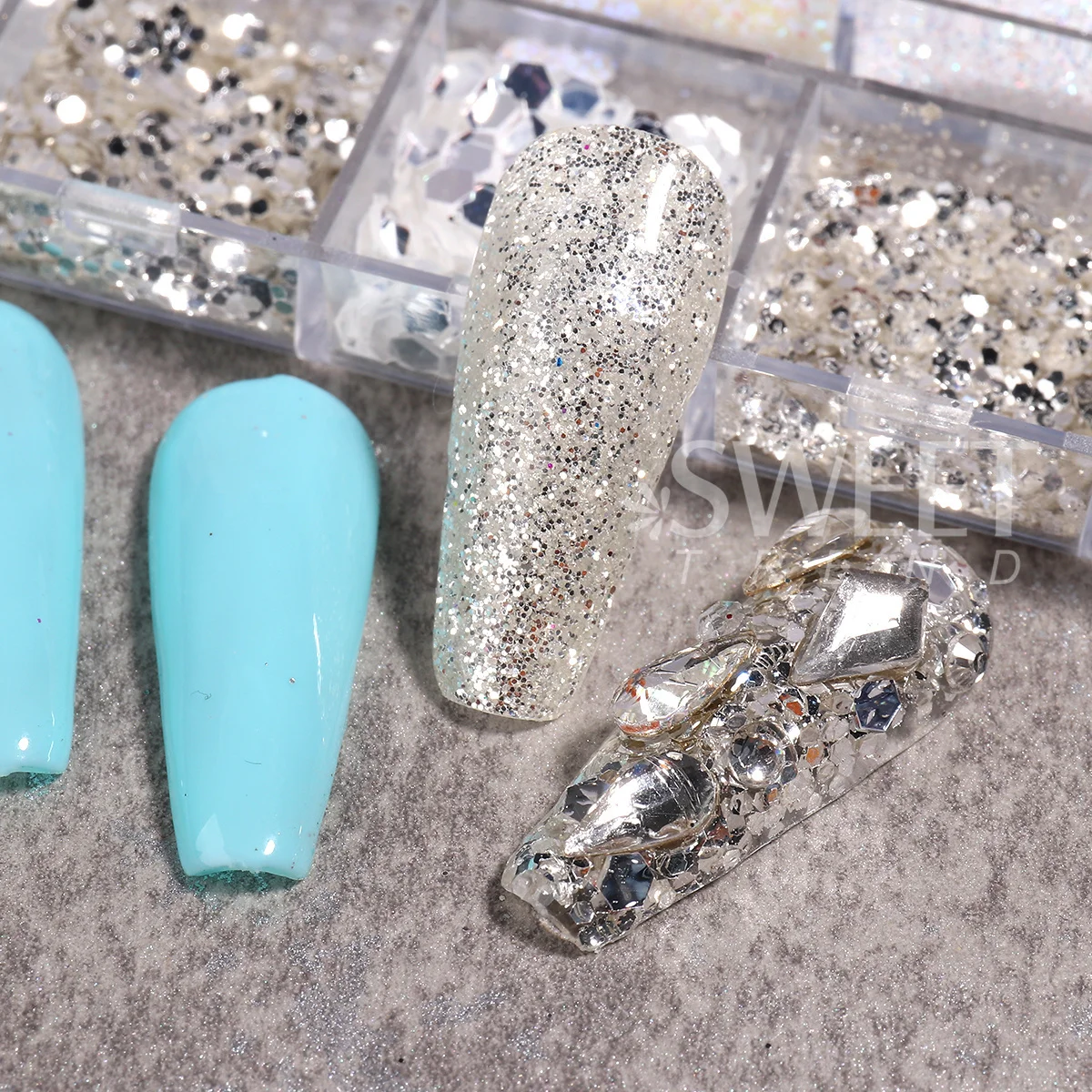 2 Box Sparkling Sugar White Nail Glitter Pigment Winter Snowy Iridescent Sequins Laser Holographic Powder Sweater Manicure Decor