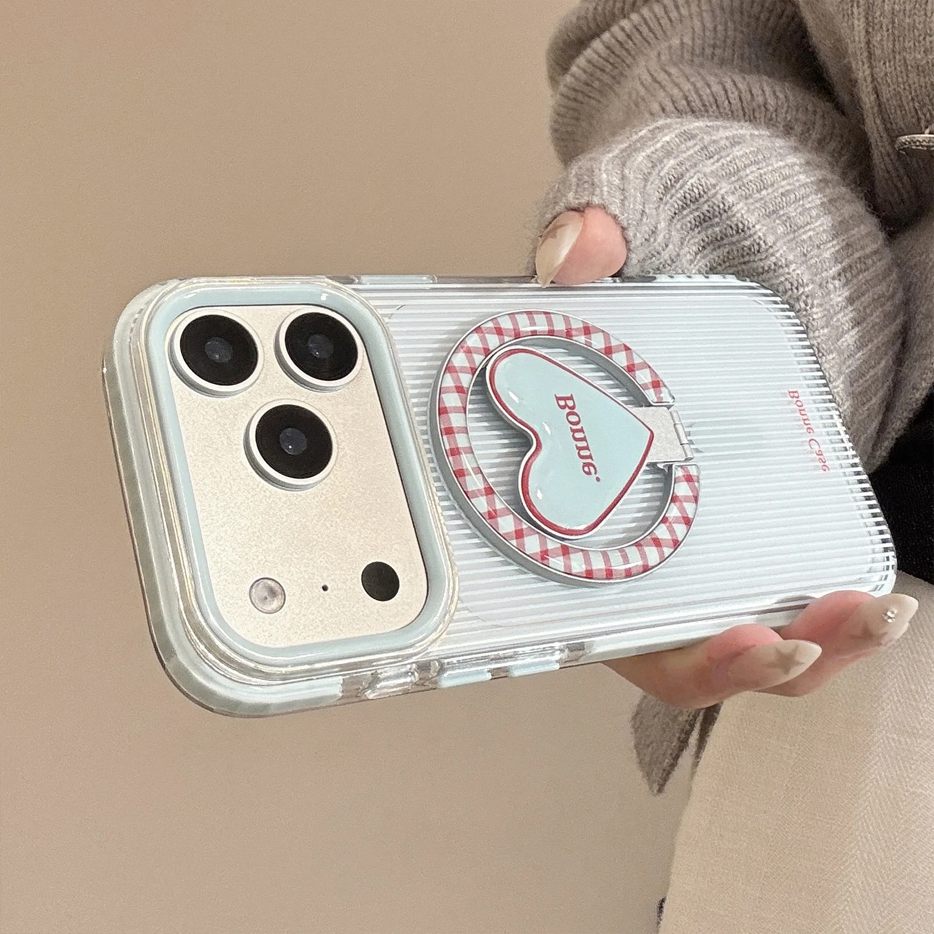 Elegant Striped Plaid Foldable Heart Bracket Magnetic Phone Case, Shockproof Soft Cover